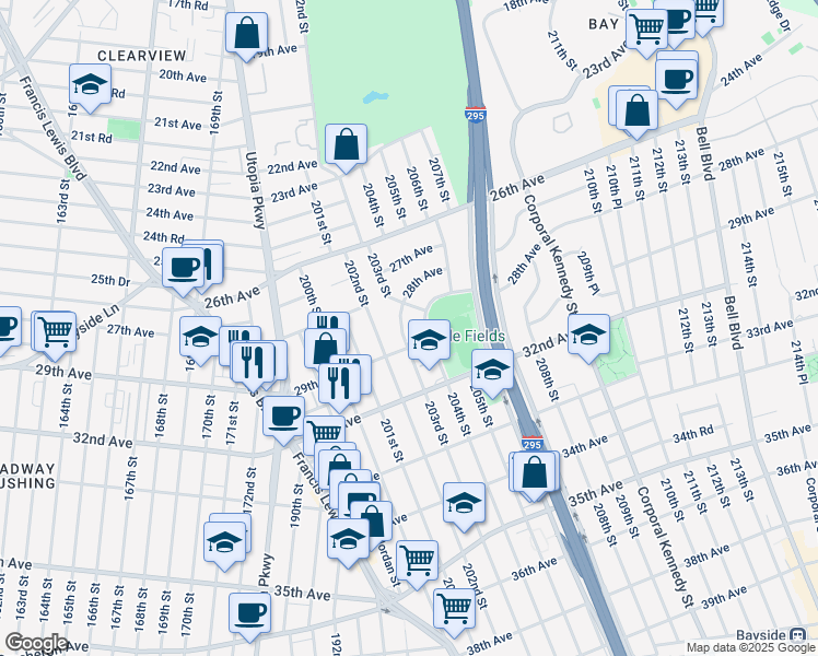 map of restaurants, bars, coffee shops, grocery stores, and more near 27-36 203rd Street in Queens