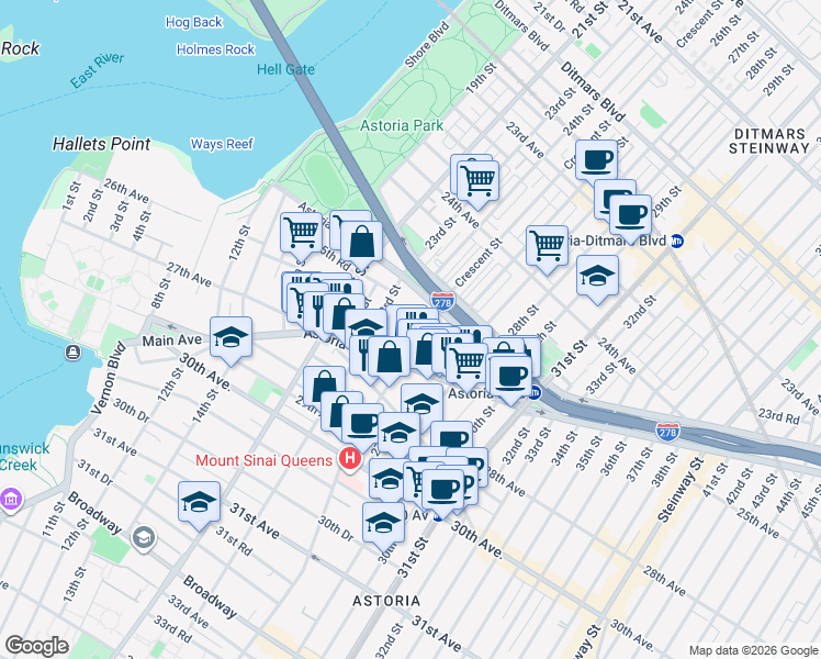 map of restaurants, bars, coffee shops, grocery stores, and more near 25-34 Crescent Street in Queens
