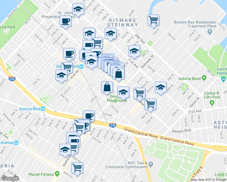 map of restaurants, bars, coffee shops, grocery stores, and more near 22-35 38th Street in Queens