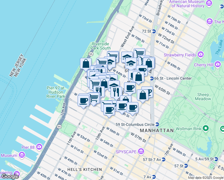 map of restaurants, bars, coffee shops, grocery stores, and more near 211 West 61st Street in New York