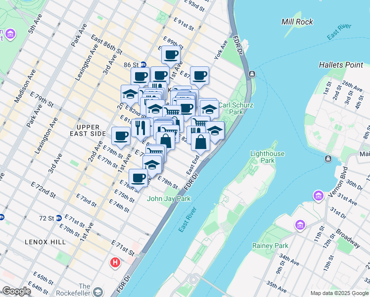 map of restaurants, bars, coffee shops, grocery stores, and more near 525 East 81st Street in New York