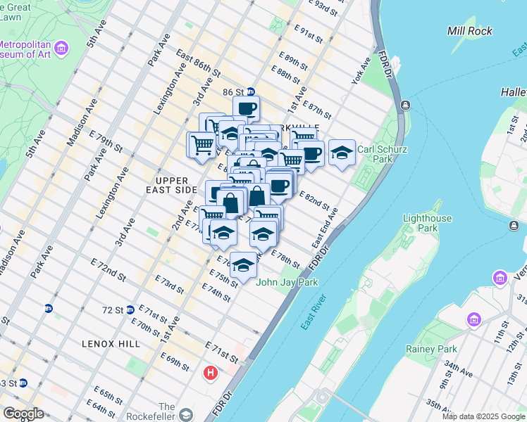 map of restaurants, bars, coffee shops, grocery stores, and more near 420 East 80th Street in New York