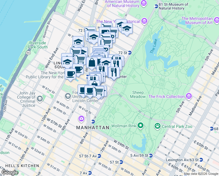 map of restaurants, bars, coffee shops, grocery stores, and more near 10 West 66th Street in New York