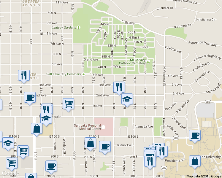 map of restaurants, bars, coffee shops, grocery stores, and more near 1005 3rd Avenue in Salt Lake City