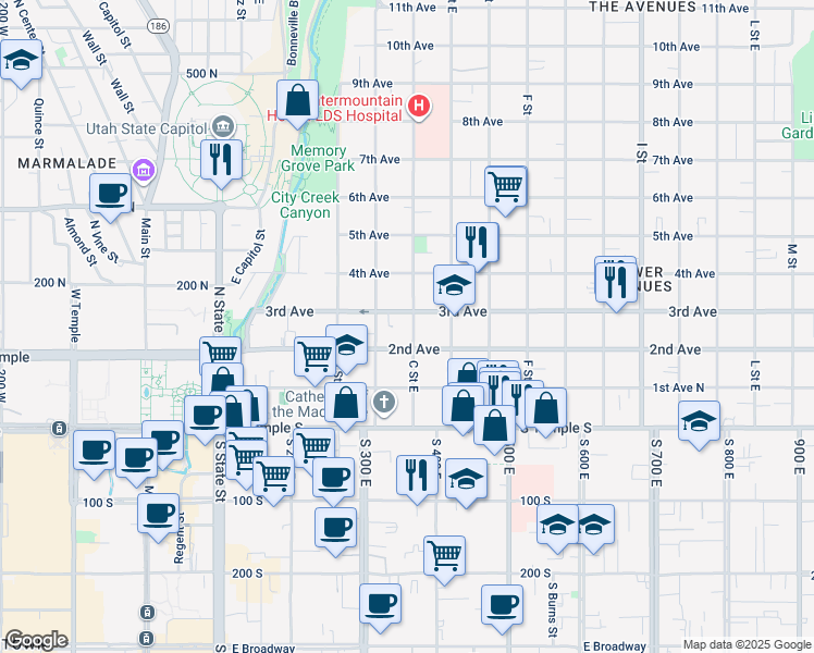 map of restaurants, bars, coffee shops, grocery stores, and more near in Salt Lake City