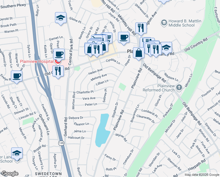 map of restaurants, bars, coffee shops, grocery stores, and more near 7 Lillian Lane in Plainview