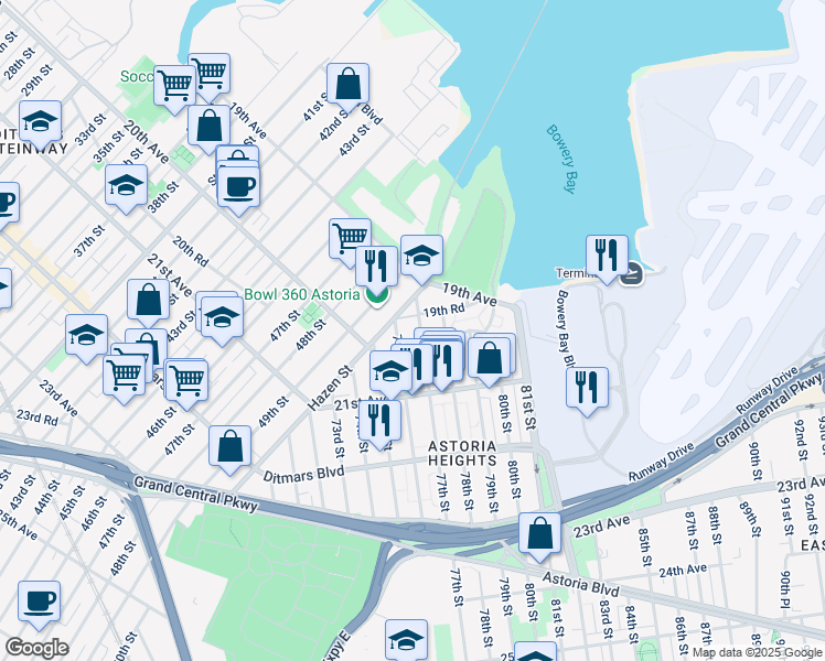 map of restaurants, bars, coffee shops, grocery stores, and more near 77-15 19th Road in Queens