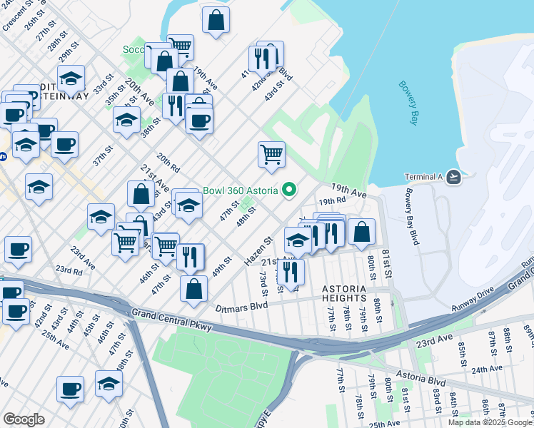 map of restaurants, bars, coffee shops, grocery stores, and more near 48-11 20th Avenue in Queens
