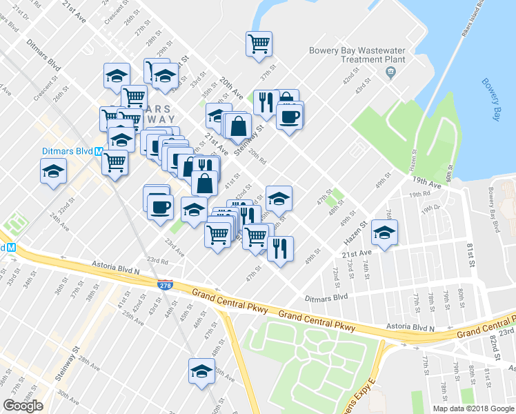 map of restaurants, bars, coffee shops, grocery stores, and more near 42-20 21st Avenue in Queens