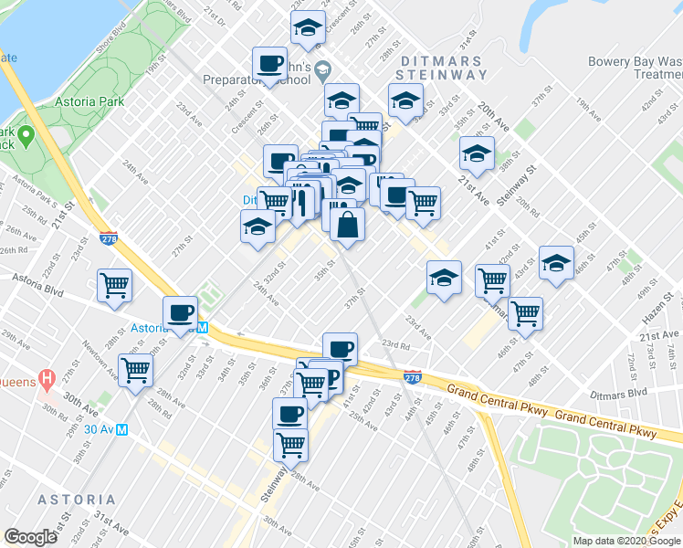 map of restaurants, bars, coffee shops, grocery stores, and more near 35-01 23rd Avenue in Queens