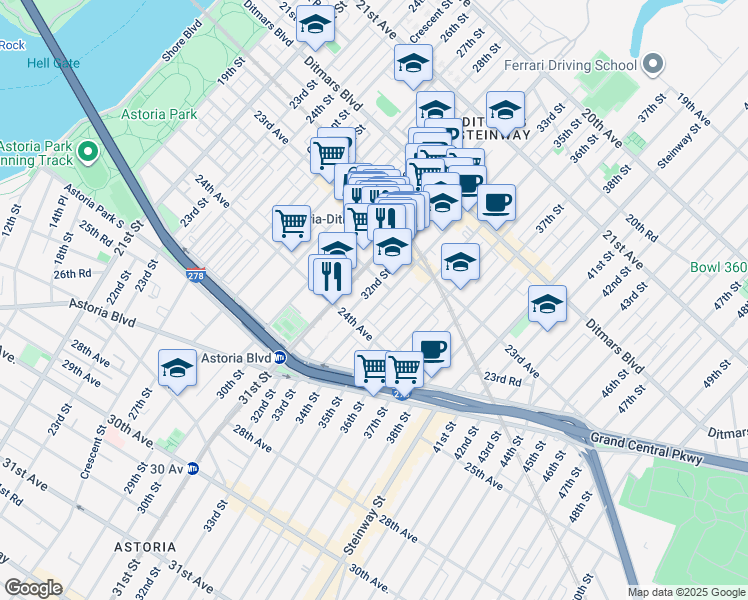 map of restaurants, bars, coffee shops, grocery stores, and more near 23-53 31st Street in Queens
