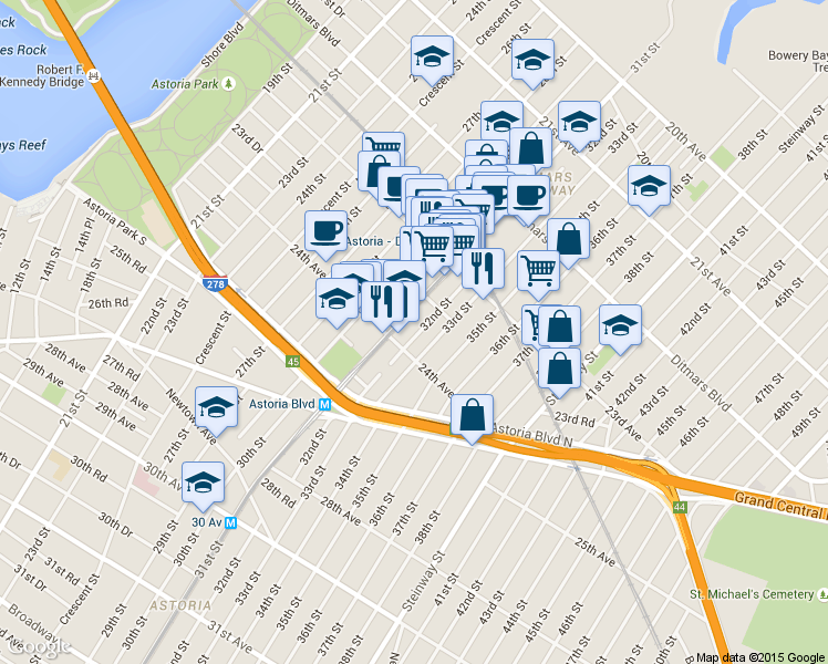 map of restaurants, bars, coffee shops, grocery stores, and more near 23-53 31st Street in Queens