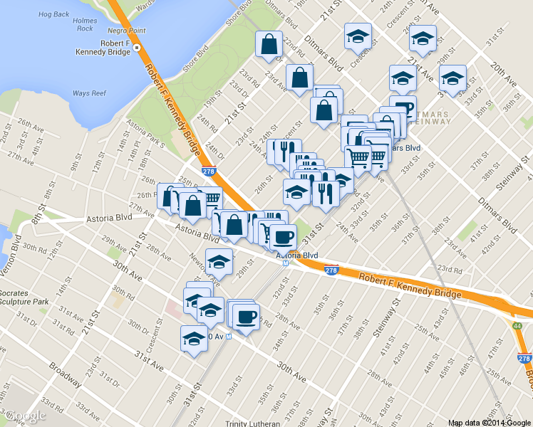 map of restaurants, bars, coffee shops, grocery stores, and more near 24-39 27th Street in Queens