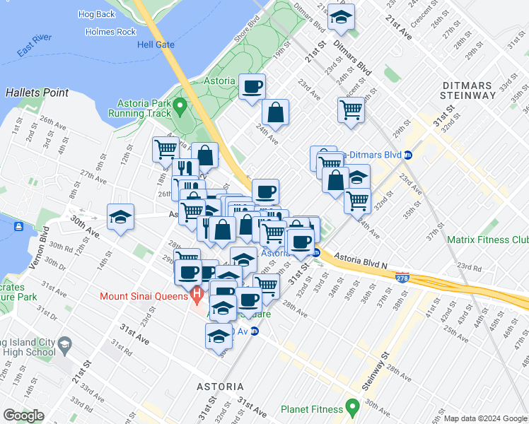 map of restaurants, bars, coffee shops, grocery stores, and more near 2501 Crescent Street in Queens