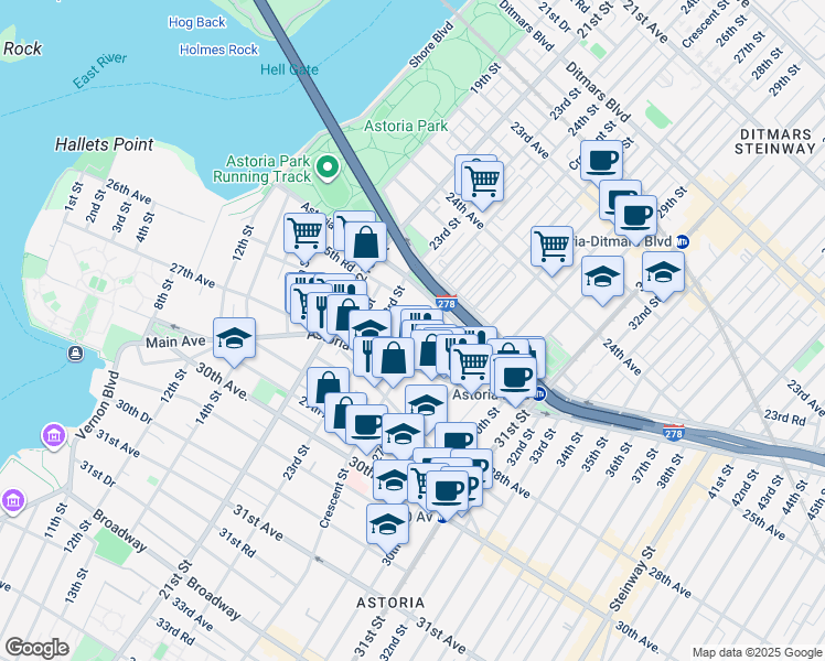 map of restaurants, bars, coffee shops, grocery stores, and more near in Queens