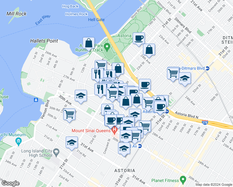 map of restaurants, bars, coffee shops, grocery stores, and more near 25-52 22nd Street in Queens