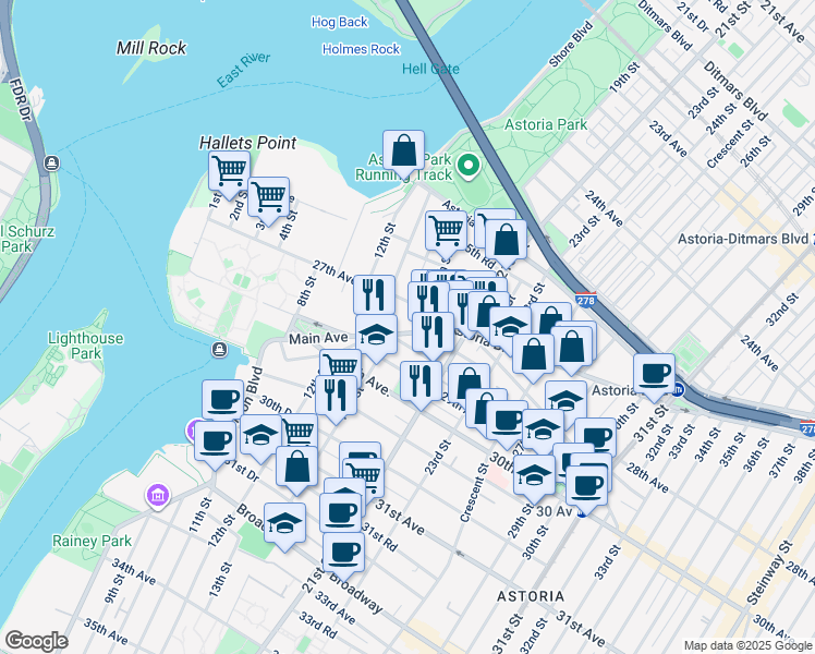 map of restaurants, bars, coffee shops, grocery stores, and more near in New York