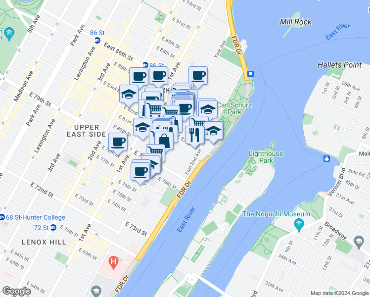map of restaurants, bars, coffee shops, grocery stores, and more near 506 East 82nd Street in New York