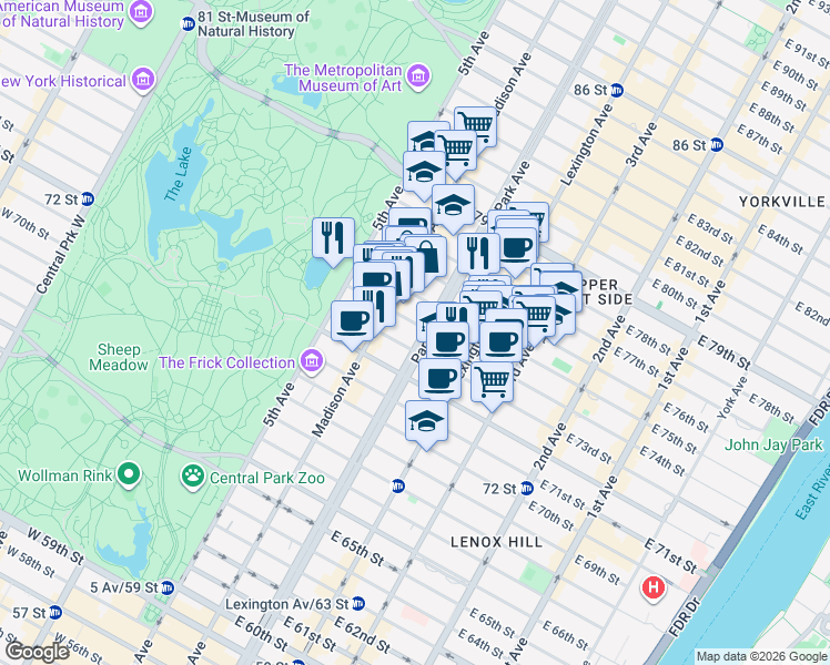 map of restaurants, bars, coffee shops, grocery stores, and more near in New York