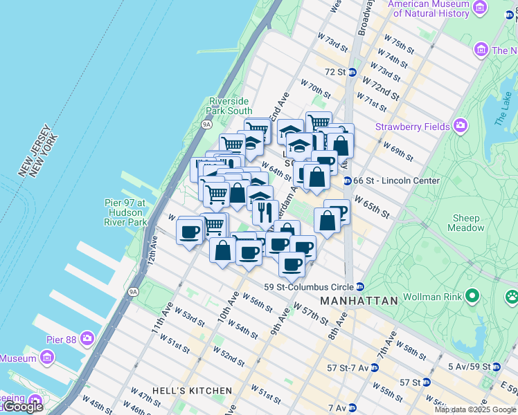 map of restaurants, bars, coffee shops, grocery stores, and more near 228 West 62nd Street in New York