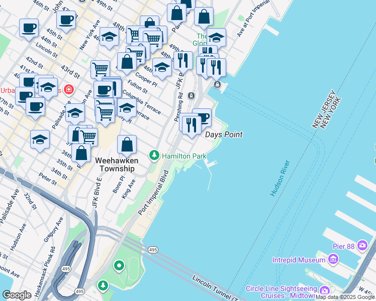 map of restaurants, bars, coffee shops, grocery stores, and more near 1300 Avenue at Port Imperial in Weehawken