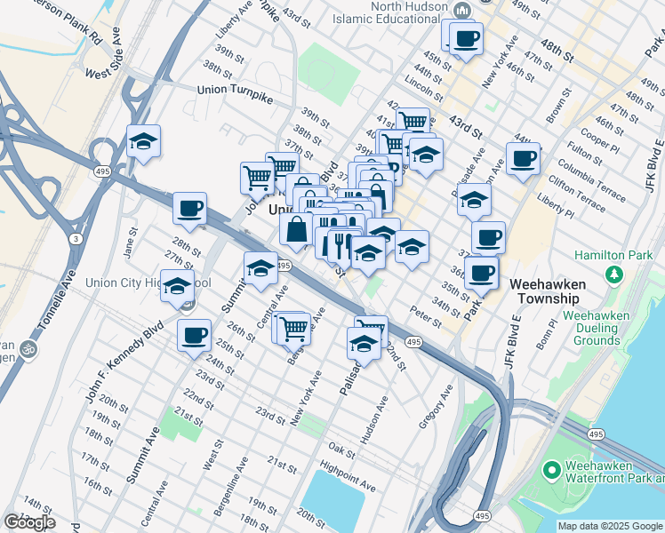 map of restaurants, bars, coffee shops, grocery stores, and more near 518 Hackensack Plank Road in Union City
