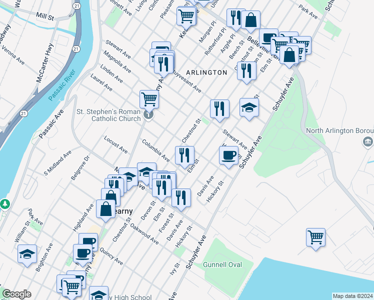 map of restaurants, bars, coffee shops, grocery stores, and more near 691 Devon Street in Kearny