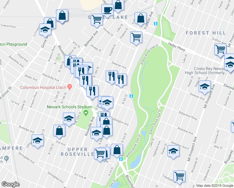 map of restaurants, bars, coffee shops, grocery stores, and more near 689 North 6th Street in Newark