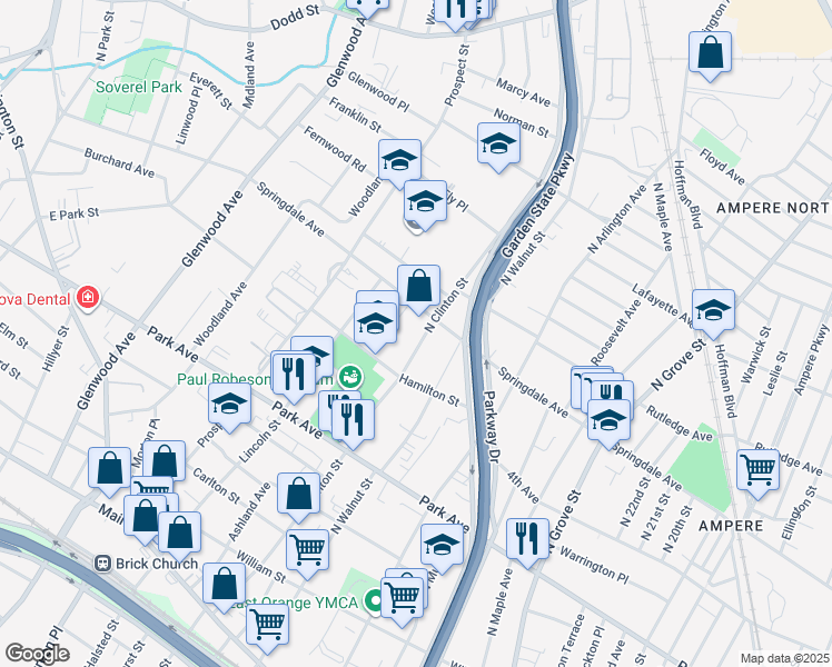 map of restaurants, bars, coffee shops, grocery stores, and more near in East Orange