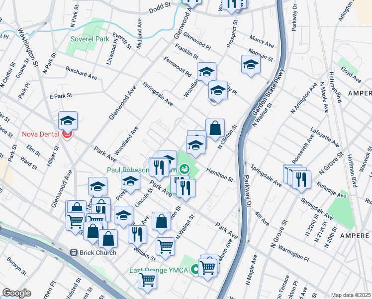 map of restaurants, bars, coffee shops, grocery stores, and more near 263 Lincoln Street in East Orange