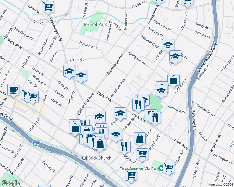 map of restaurants, bars, coffee shops, grocery stores, and more near 48 Woodland Avenue in East Orange