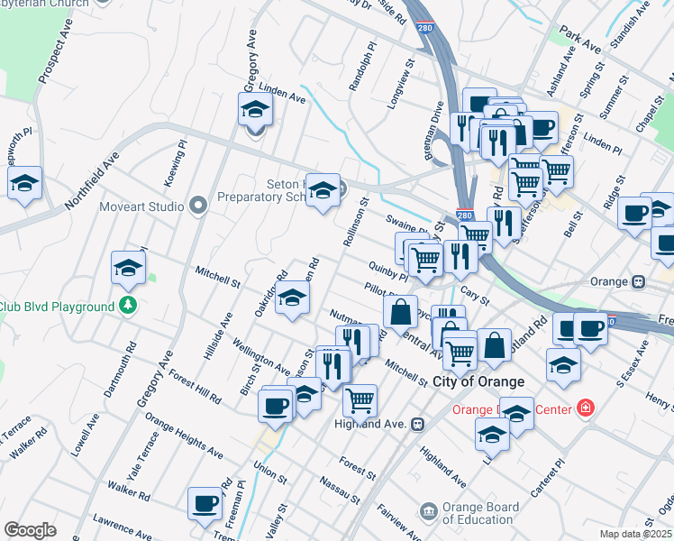 map of restaurants, bars, coffee shops, grocery stores, and more near 63 Quinby Place in West Orange