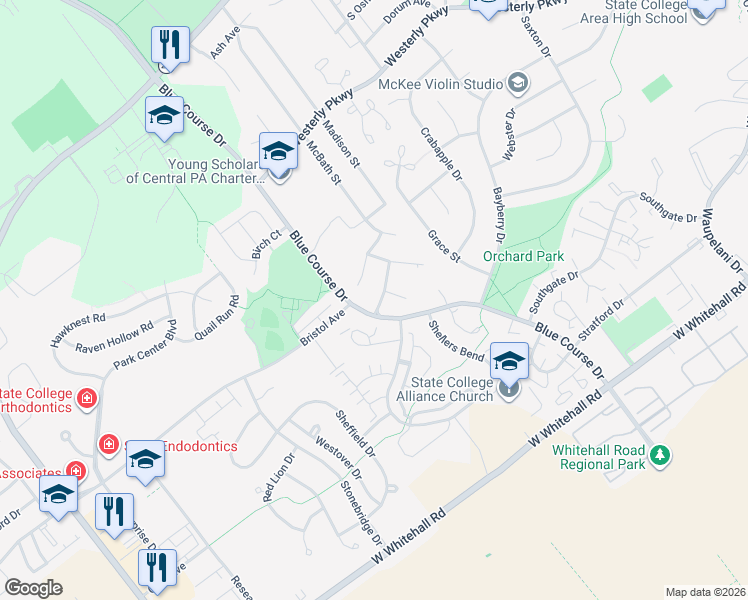 map of restaurants, bars, coffee shops, grocery stores, and more near 2991-3099 Fairchild Ln in State College