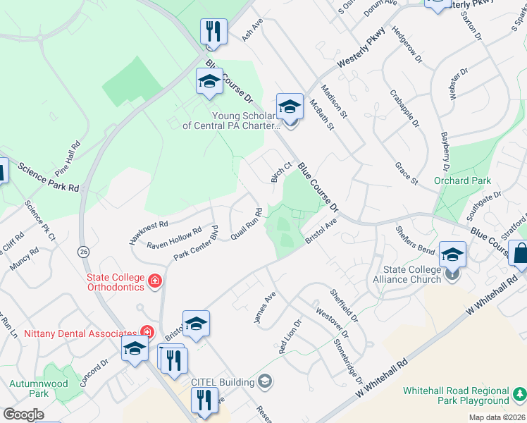 map of restaurants, bars, coffee shops, grocery stores, and more near 2158 Quail Run Road in State College