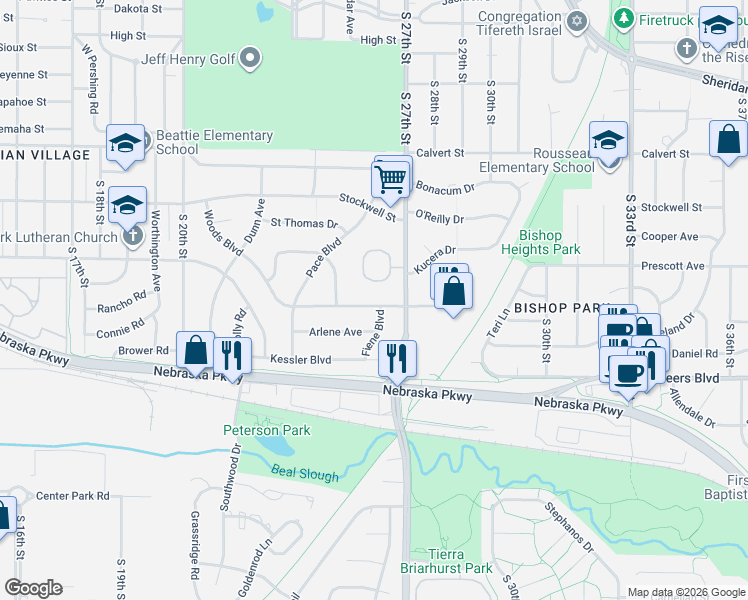 map of restaurants, bars, coffee shops, grocery stores, and more near 2535 South Bishop Square in Lincoln
