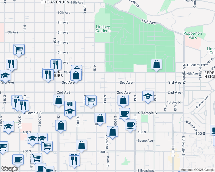 map of restaurants, bars, coffee shops, grocery stores, and more near 128 N Street East in Salt Lake City
