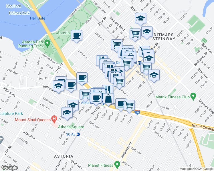 map of restaurants, bars, coffee shops, grocery stores, and more near 2423 29th Street in Queens