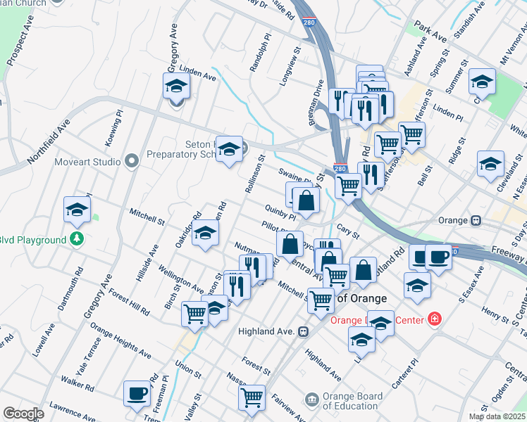 map of restaurants, bars, coffee shops, grocery stores, and more near 86 Riggs Place in West Orange