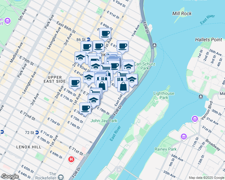 map of restaurants, bars, coffee shops, grocery stores, and more near 519 East 81st Street in New York