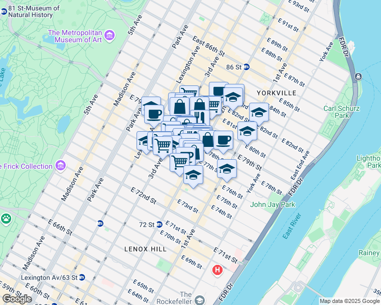 map of restaurants, bars, coffee shops, grocery stores, and more near 249 East 77th Street in New York