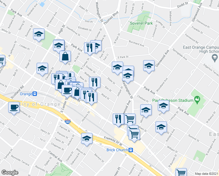 map of restaurants, bars, coffee shops, grocery stores, and more near 123 Elm Street in City of Orange