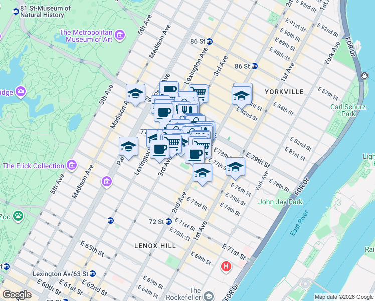 map of restaurants, bars, coffee shops, grocery stores, and more near 214 East 77th Street in New York
