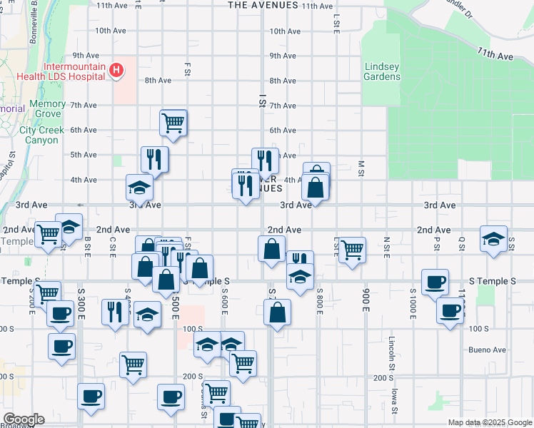 map of restaurants, bars, coffee shops, grocery stores, and more near 156 I Street in Salt Lake City