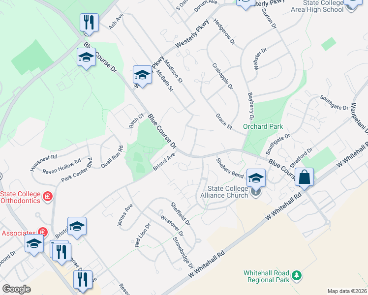 map of restaurants, bars, coffee shops, grocery stores, and more near 2991-3099 Fairchild Ln in State College