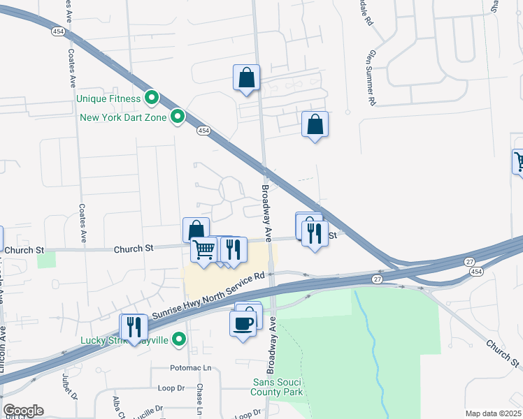 map of restaurants, bars, coffee shops, grocery stores, and more near 640 Broadway Avenue in Holbrook