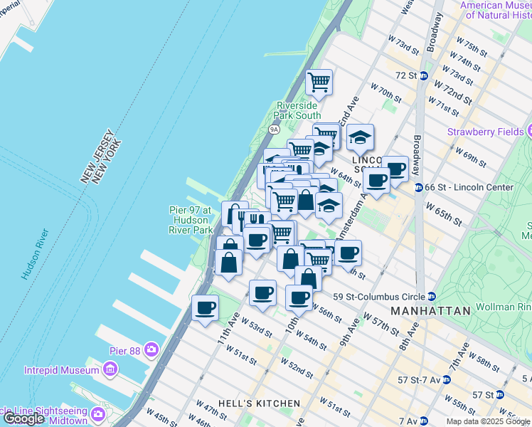 map of restaurants, bars, coffee shops, grocery stores, and more near Freedom Place South in New York