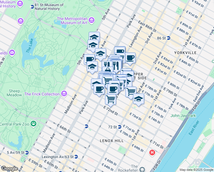 map of restaurants, bars, coffee shops, grocery stores, and more near 150 East 75th Street in New York