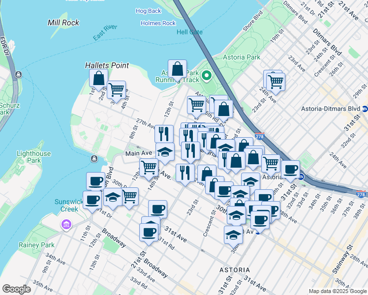 map of restaurants, bars, coffee shops, grocery stores, and more near 1437 27th Avenue in Queens