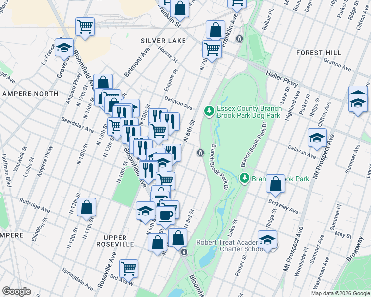 map of restaurants, bars, coffee shops, grocery stores, and more near 689 North 6th Street in Newark