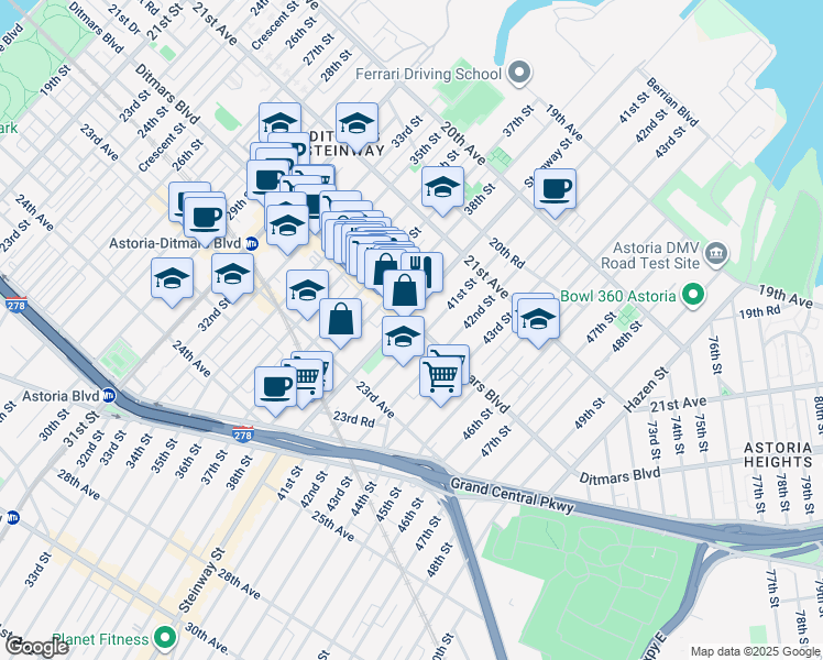 map of restaurants, bars, coffee shops, grocery stores, and more near 2200 38th Street in Queens